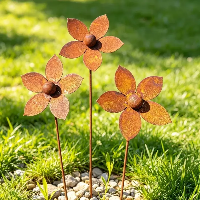 Décoration de jardin en métal rustique avec fleurs en métal rouillé, idéale pour le jardin, la cour, la pelouse, la terrasse et la décoration extérieure.