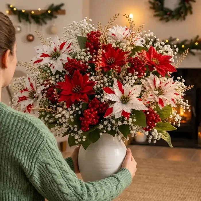 Bouquet de poinsettia artificiel résistant aux UV, baies rouges réalistes, bouquet floral de poinsettia, pommes de pin, feuilles luxuriantes