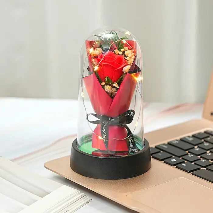 Bouquet de roses éternelles en forme de dôme en verre LED