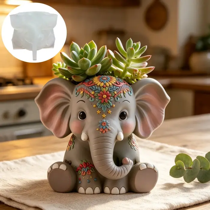 Moule en silicone pour pot de fleurs en résine, motif éléphant accroupi et plante succulente, boîte de rangement éléphant en relief floral, moule en gypse pour bougie