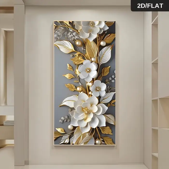 1 peinture sur toile moderne et luxueuse avec des fleurs dorées et blanches, décoration en perles, peinture suspendue sans cadre, pour salon