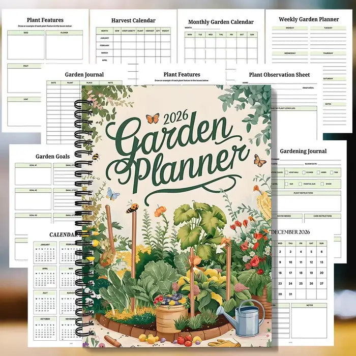 1 carnet à spirale, agenda de jardinage 2026 sur le thème du jardin potager, pour la planification des jardinières extérieures et des récoltes