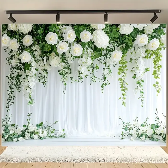 Fond de photographie de plantes vertes élégantes et fleurs blanches – facile à accrocher