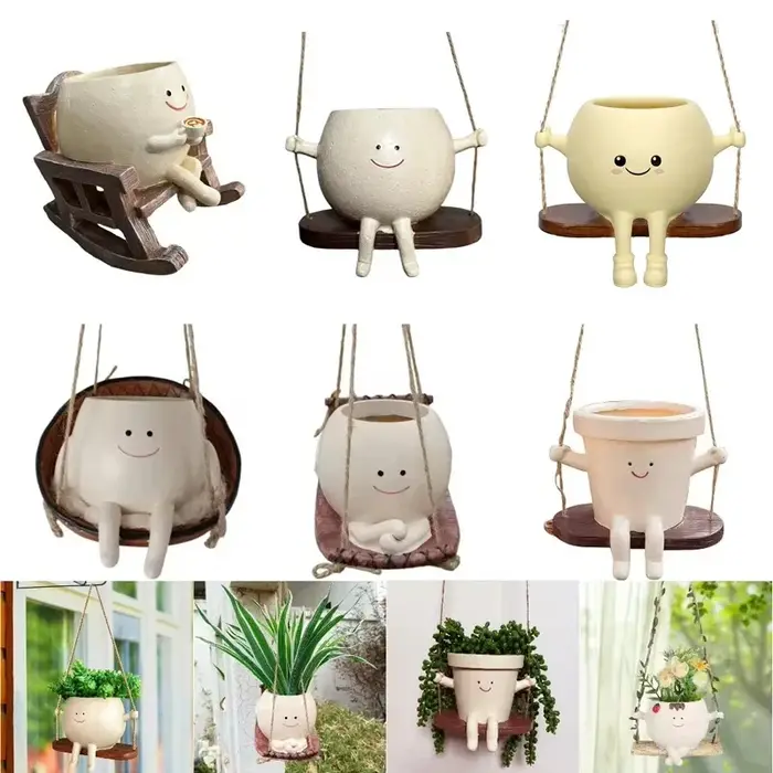 Pot de fleurs créatif en forme de tête de personne assise sur une balançoire