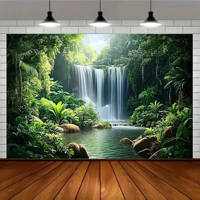 1 fond de cascade de jungle brumeux - Fête en polyester, doté de verdure luxuriante et une scène de 