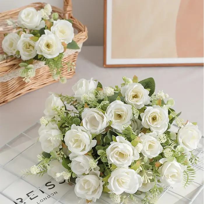 Bouquet de pivoines artificielles en soie blanche, 30cm, 5 grandes têtes, 4 petits bourgeons, décora