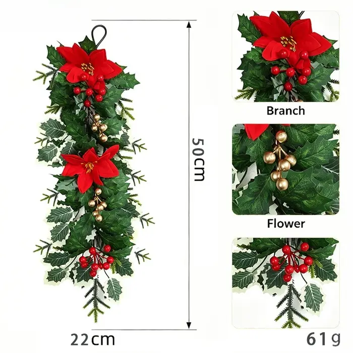4 plantes artificielles, poinsettia, branche de pin, baies, décoration murale pour la maison et le jardin, décoration de Noël, plante verte artificielle.