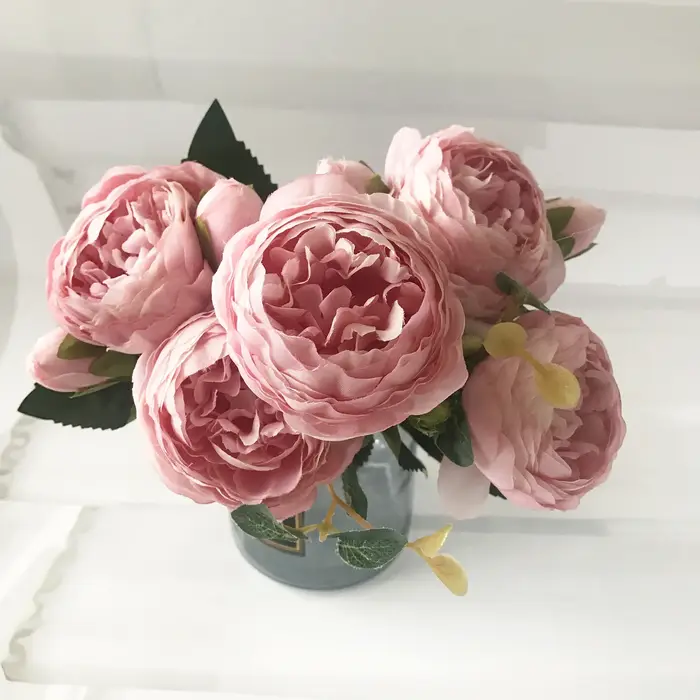 Bouquet de fleurs artificielles pivoine en soie Rose 30cm, 5 grandes têtes et 4 bourgeons, fausses f