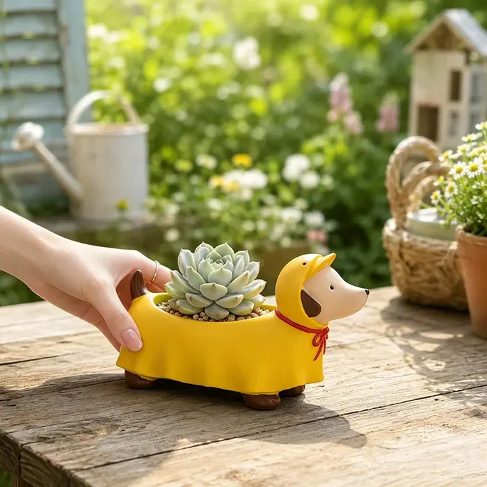 Pot de fleurs en résine en forme de teckel à capuche, pot de plantes miniature, décoration de bureau, balcon, maison, jardin, cadeau pour les amoureux des plantes