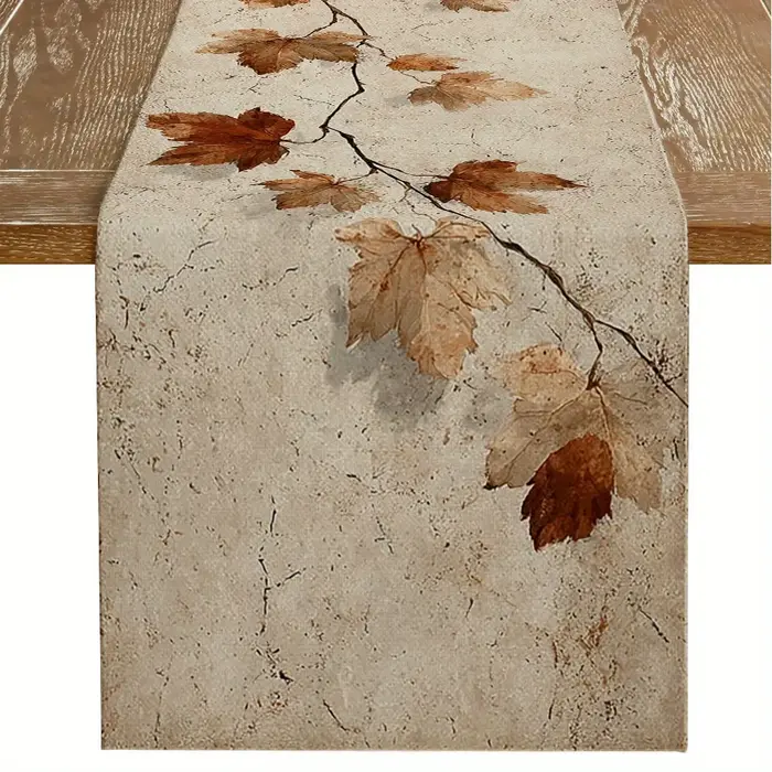 1 Chemin de table sur le thème des feuilles tombées d’automne, base craquelée vintage, motif de bran