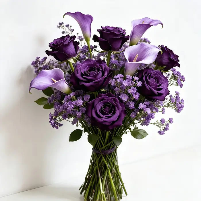 16 pièces (sans vase : 3 roses violettes + 3 lys calla violets + 10 fleurs de gypsophile violette) Bouquet de fleurs artificielles violettes, comprenant des roses violettes, des lys calla et des fleur
