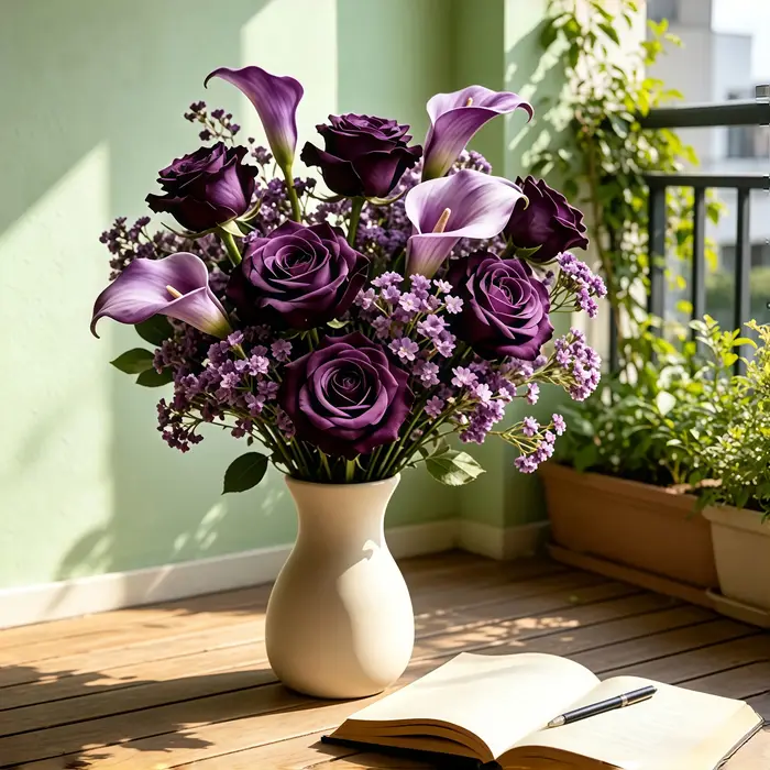 16 pièces (sans vase : 3 roses violettes + 3 lys calla violets + 10 fleurs de gypsophile violette) Bouquet de fleurs artificielles violettes, comprenant des roses violettes, des lys calla et des fleur