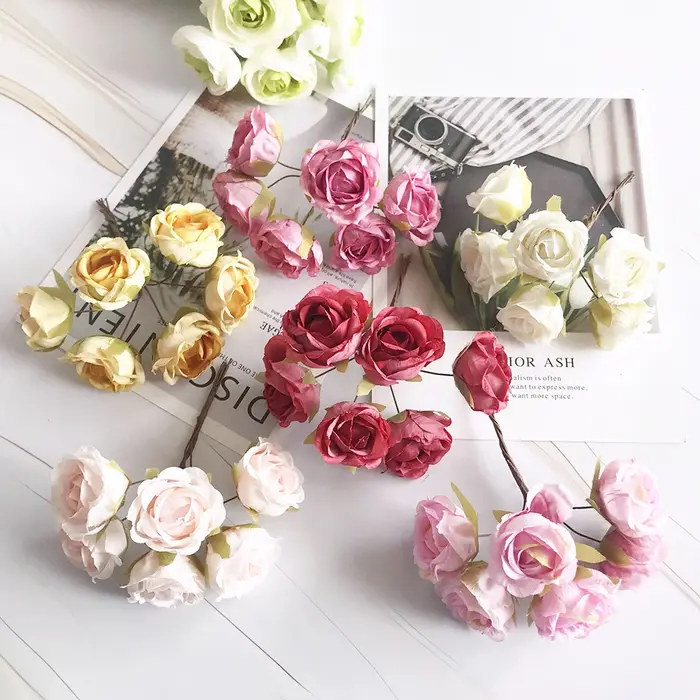 Bouquet de 6 petites roses artificielles rétro en rayonne de style européen pour mariage