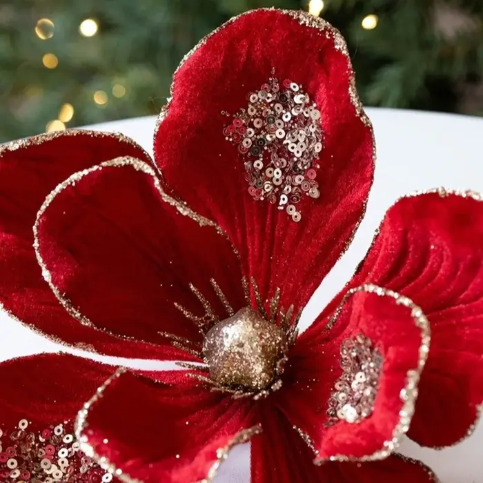 Paillettes fleur de noël artificielle rouge or flocage Poinsettia