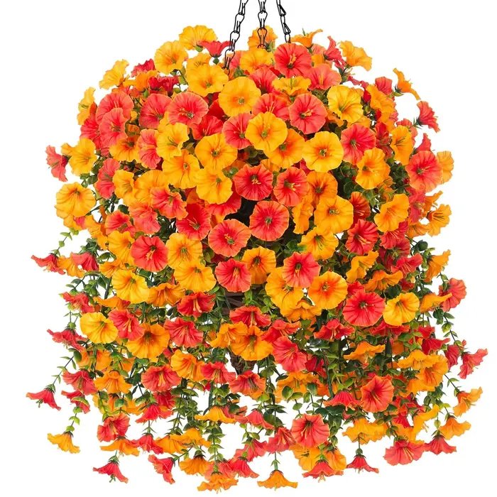 2 pièces fleurs artificielles suspendues fausses plantes extérieures soie matin gloire fausse fleur avec feuilles d'eucalyptus pour la décoration de jardin de la maison