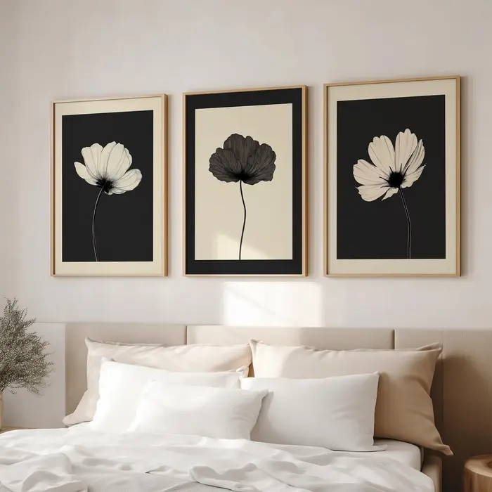 Lot de 3 tableaux muraux floraux noirs et beiges