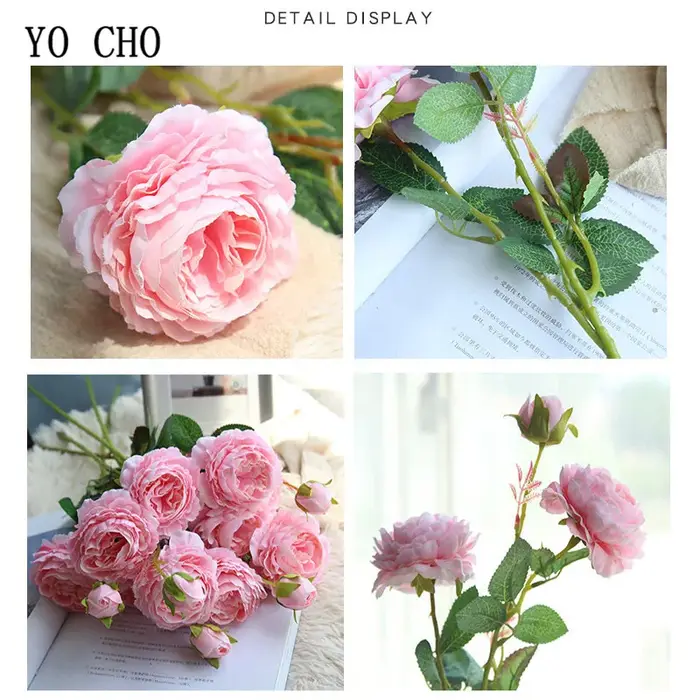 YO CHO Blanc Rose Pivoines Fleur Artificielle Bouquet De Fleurs En Soie 3 Têtes