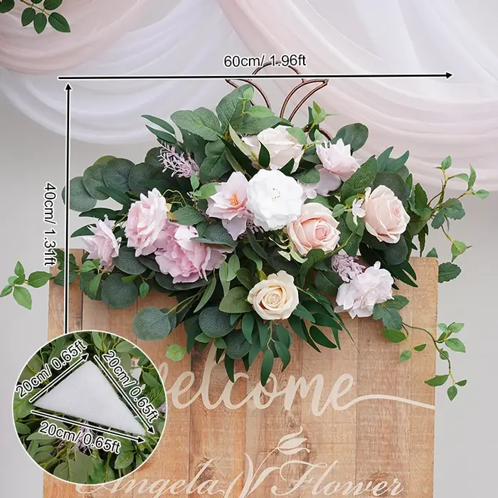 Série rose blanc avec panneau de bienvenue vert, Arrangement Floral pour réception de mariage, décor