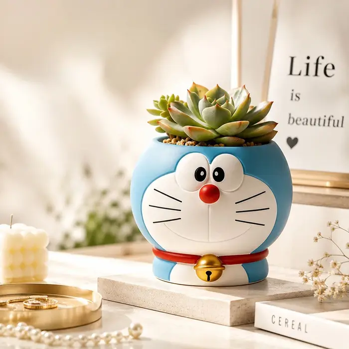 Pot de fleurs succulentes Doraemon, pot à plantes kawaii, mini pot de plantes d'intérieur, décoration de bureau, décoration de jardin, ornement, cadeau parfait