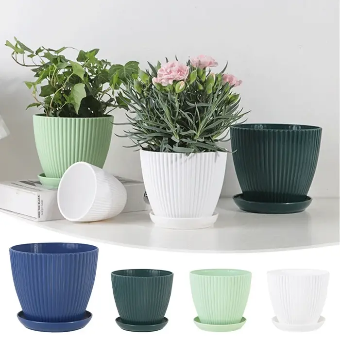 Pots de fleurs ronds en plastique avec plateau