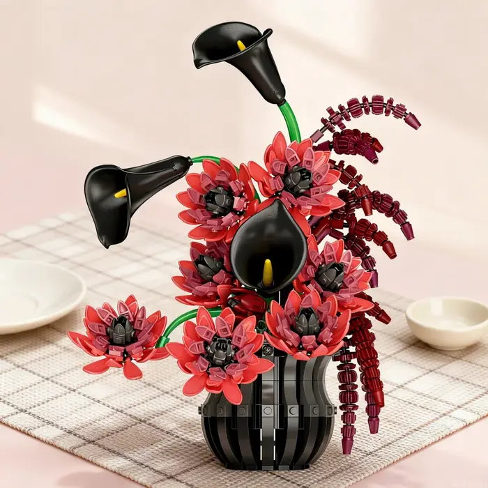 Bouquet de fleurs éternelles à construire avec blocs de construction, 885 pièces, accent romantique pour bureau, cadeau d'anniversaire ou de Saint-Valentin, décoration florale sans eau pour la maison