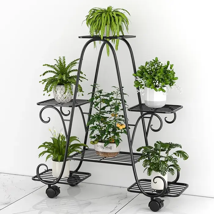 Support de fleurs en fer forgé, support de pot de fleur domestique mobile multicouche du sol au plafond