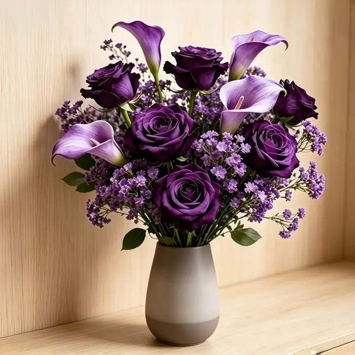 16 pièces (sans vase : 3 roses violettes + 3 lys calla violets + 10 fleurs de gypsophile violette) Bouquet de fleurs artificielles violettes, comprenant des roses violettes, des lys calla et des fleur
