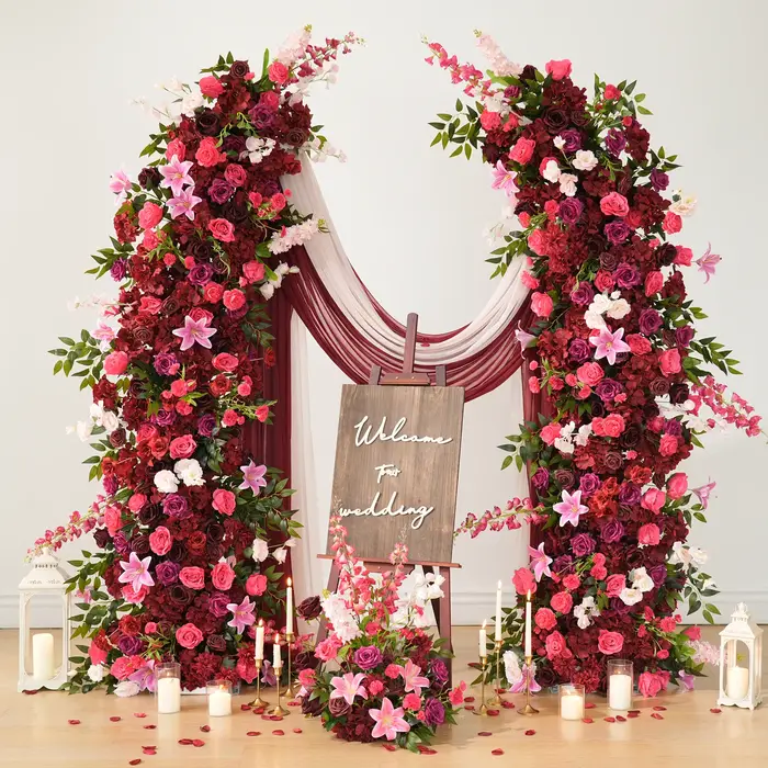 HMEOT H9047 Hydrangeas bordeaux Rose feuille verte Arrangement Floral corne arc décoration idées pour mariage passerelle allée boules de fleurs