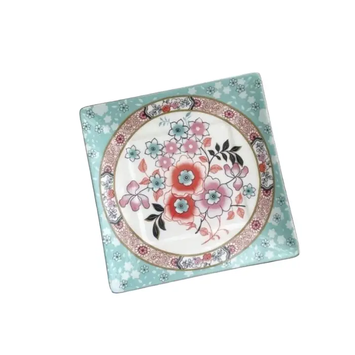 Ensemble de plats en céramique à fleurs vintage, plat carré de 14,5 cm en porcelaine osseuse, plat à gâteau, plat à dim sum, vaisselle pour le thé de l'après-midi, décoration de table à manger à la ma