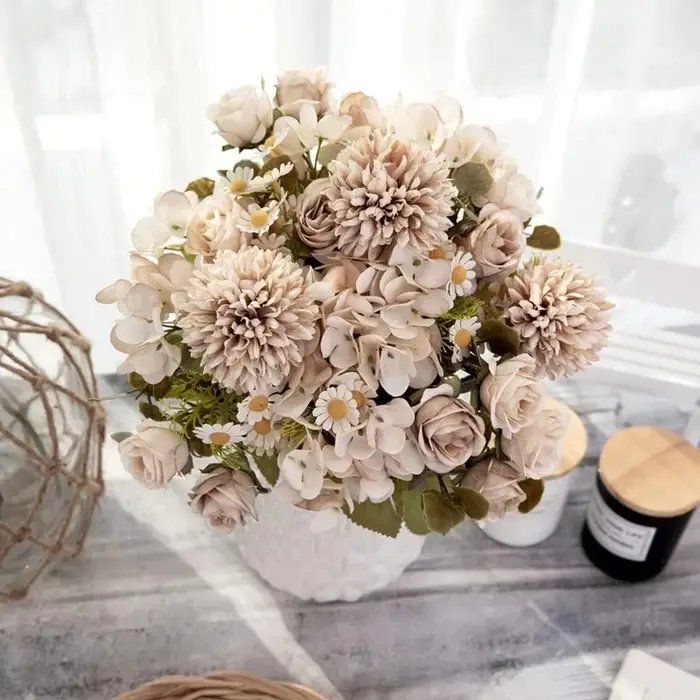 Fleurs artificielles De Mariage Maison Chambre Décor De Table Bouquet De Mariée Jardin YardFake Soie Roses Hortensias Vase pour Conseil À L'extérieur