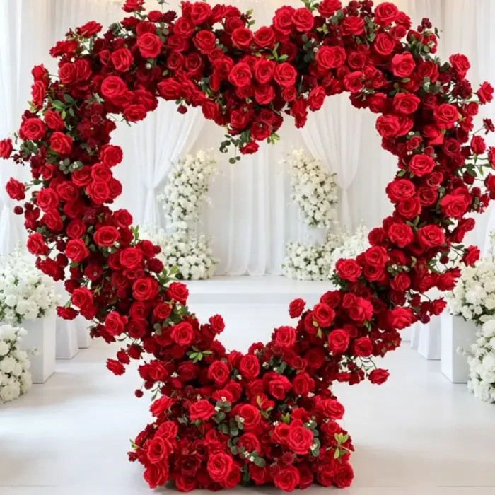 Arches florales en forme de cœur de roses rouges de 240 cm pour décoration de fond de mariage