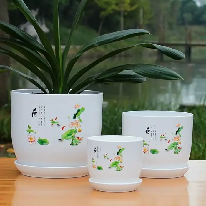 Pot de fleurs en plastique extra large blanc avec plateau