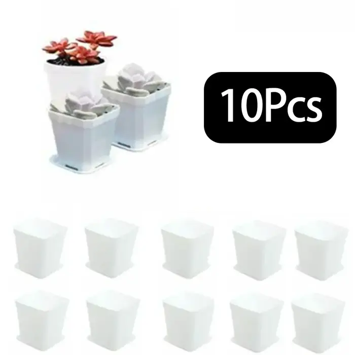Ensemble de 10 pots de fleurs carrés en plastique avec trous de drainage et plateaux