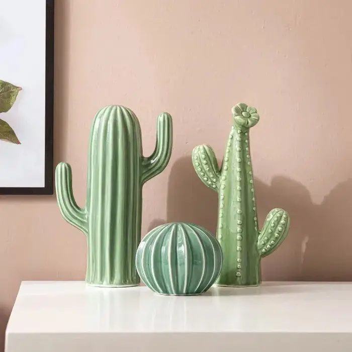 Ornement en céramique vert cactus figue de Barbarie, style minimaliste nordique, artisanat artistique, décoration de bureau, hall d'entrée, salon, décoration intérieure