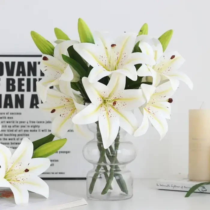 Vert aloès 4 pièces mariage rose lys Simulation fleur balcon décoration artificielle impression 3D 2 fleurs 1 bourgeon lys branche