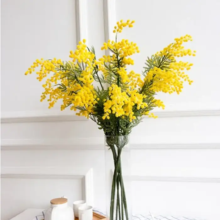 1 pièce, branche de fleur de mimosa artificielle blanche et jaune de 86 cm avec feuilles vertes, décoration de mariage, décoration de la maison, fleur d'acacia en soie, plantes artificielles