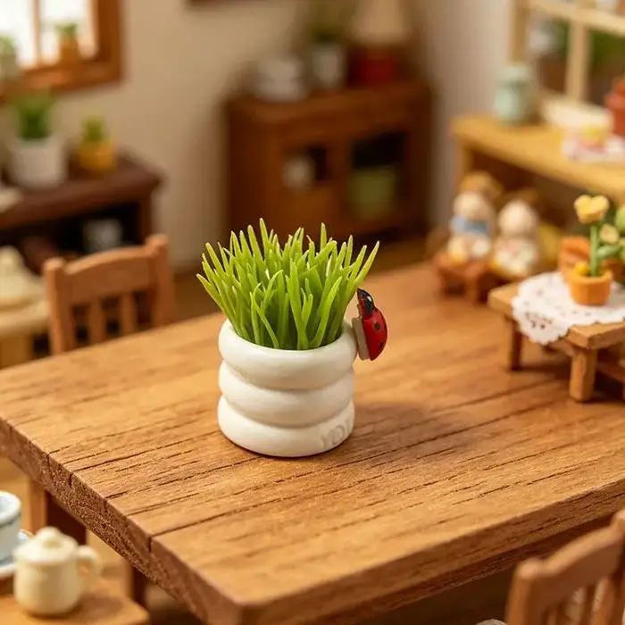 Ornement de plante miniature en pot avec coccinelle, modèle de plante en pot pour maison de poupée 1