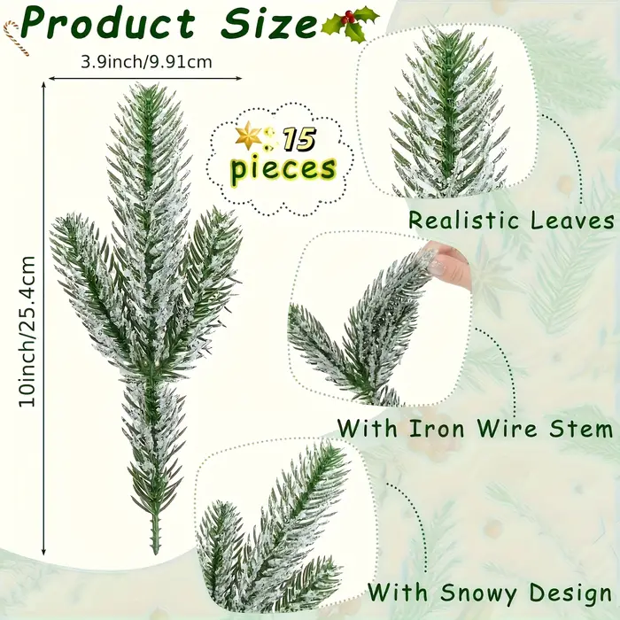 Lot de 15 à 30 Branches de pin artificielles recouvertes de givre de neige - Plantes vertes simulées de vacances de Noël de 10 pouces pour la maison de bricolage