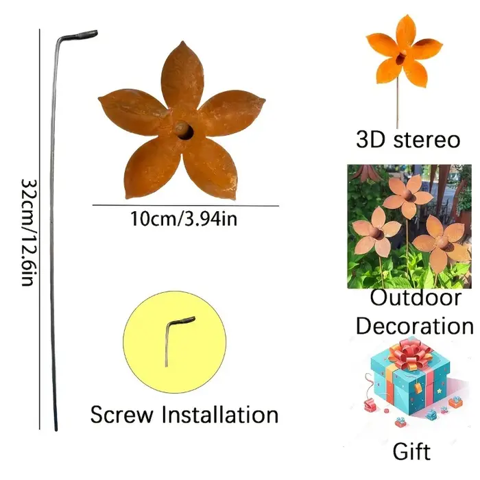 Décoration de jardin en métal rustique avec fleurs en métal rouillé, idéale pour le jardin, la cour, la pelouse, la terrasse et la décoration extérieure.