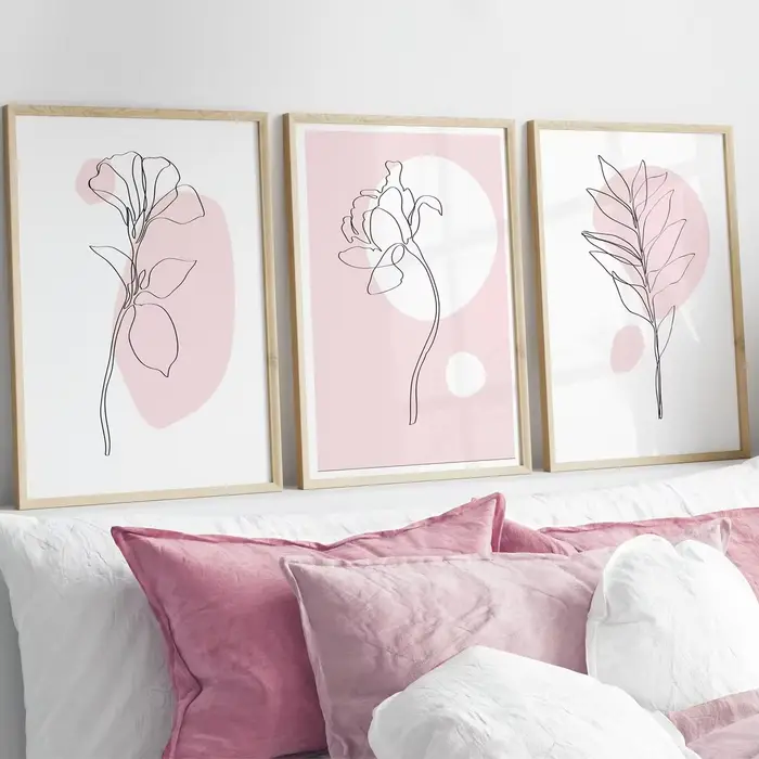 Lot de 3 tableaux muraux botaniques roses – Décoration murale botanique – Affiche d'art linéaire bot