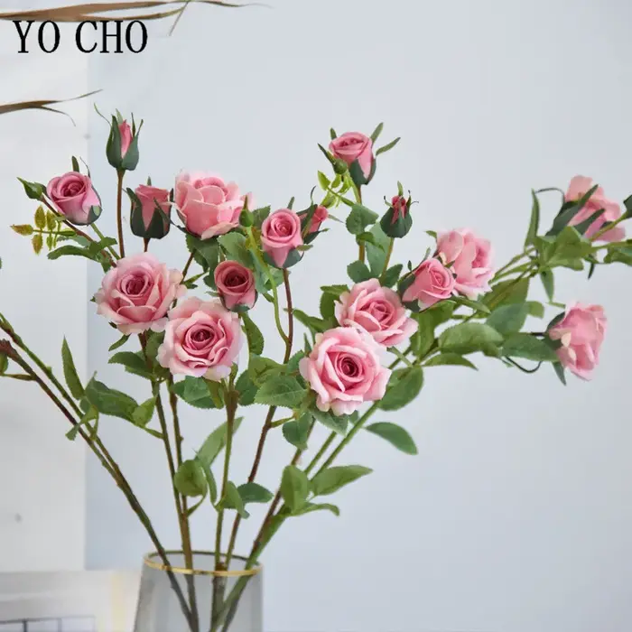 YO CHO – roses artificielles en soie, fausses fleurs de haute qualité, longue branche, 5 têtes, pour