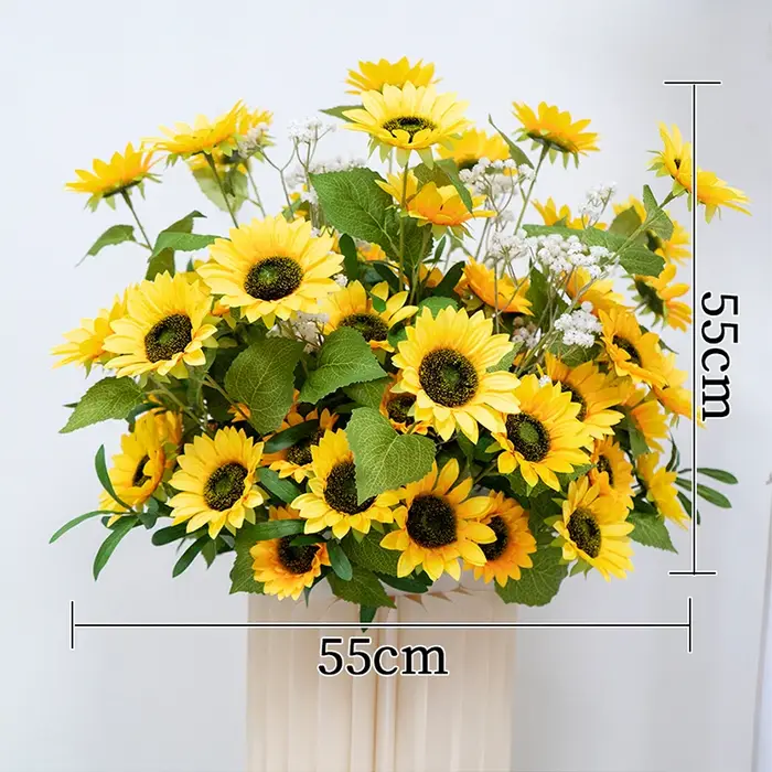Toile de fond de mariage en tournesol, souffle de bébé, décor de rangée de fleurs, pièce maîtresse d