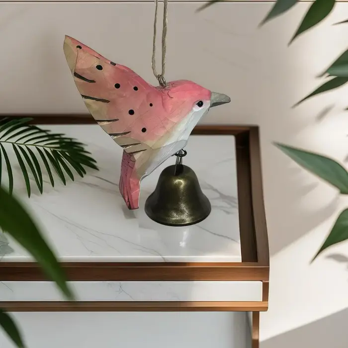 Figurine d'oiseau colibri sculptée à la main en bois avec clochette