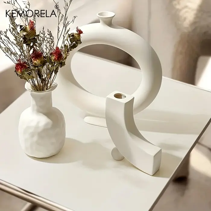 Vase en céramique nordique circulaire creux beignets Pot de fleur maison salon décoration accessoires intérieur bureau