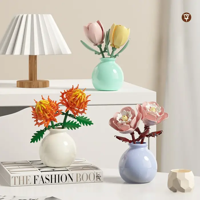 Mini Rose tulipe tournesol pivoine fleur avec Vase modèle Micro blocs de construction bricolage maison bureau plante décor brique filles cadeau enfant jouets