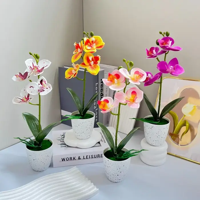 Orchidée Papillon – Ensemble de 4 fleurs en pot – Décoration de salon – Ornement en pot d'orchidée