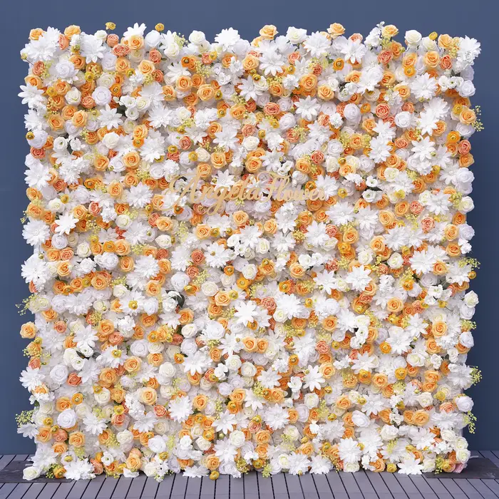 Rideau mural de fleurs artificielles Angela Flower A9077 Jaune Blanc 5D, déroulable, pour extérieur,