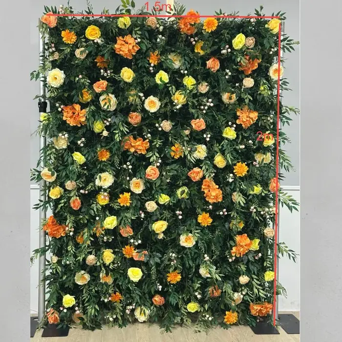Mur de fleurs artificielles 5D en tissu avec roses orange et feuilles vertes pour décoration de mariage