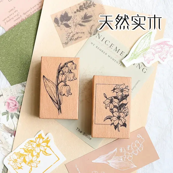 Lily Mengling Flower Ensemble de tampons décoratifs en bois à motifs de fleurs et de plantes en pot, pour DIY manuel, albums photo et journaux, 4 options