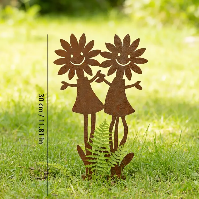 Support double pour fleurs en forme de tournesol vintage rouillé avec visage souriant - Statue décorative amusante pour